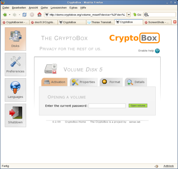 screenshot v0.3: activation of encrypted filesystem