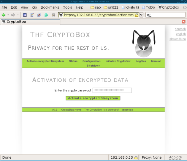 screenshot v0.2: activation of encrypted file system